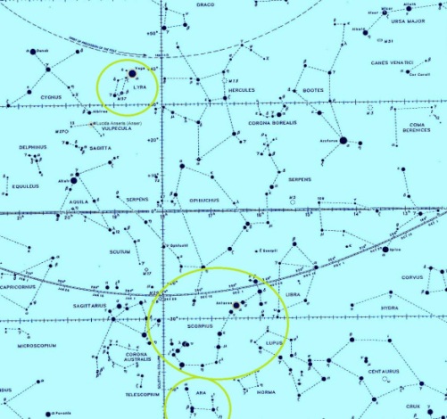 Star chart with Lyra, Scorpius and Ara circled in green (Lyra north of celestial equator &amp; Scorpius and Ara south).